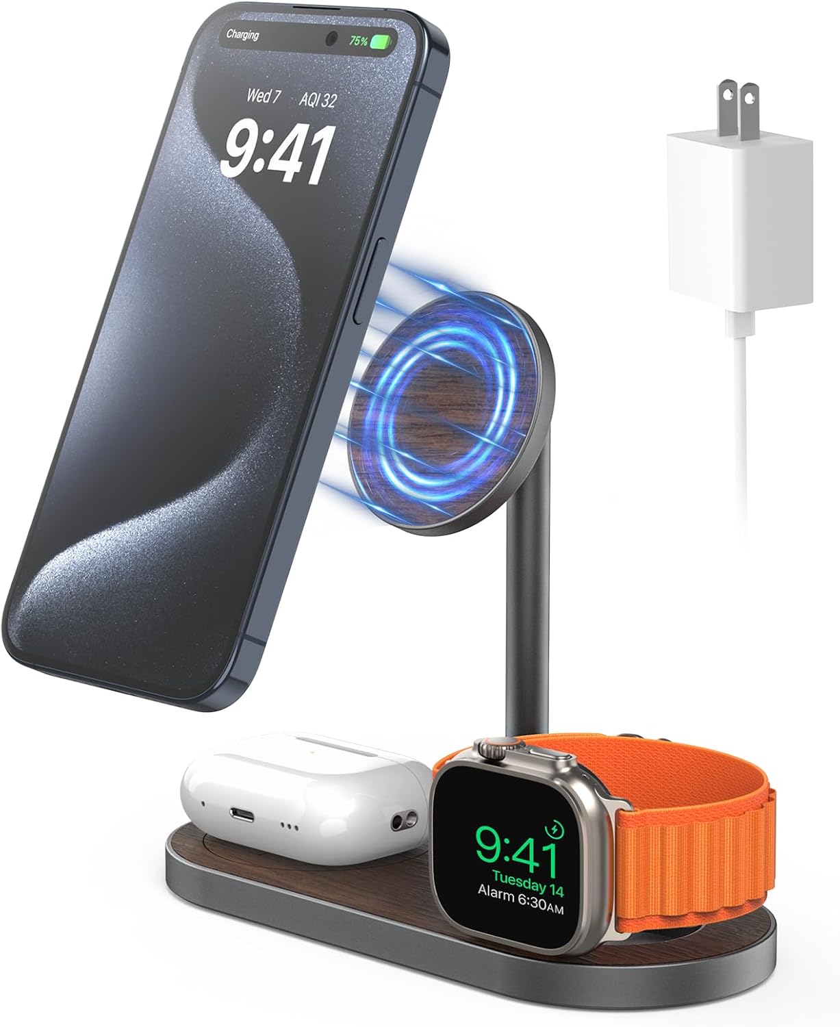 KU XIU X23 PRO 3 in 1 Magnetic Wireless Charger Stand for iPhone, AirPods, Apple Watch, Wireless Charging Station for iPhone 16/15/14/13/12, Apple Watch 9/Ultra/8/7/SE, AirPods 4/3/2/Pro - Wood Grain