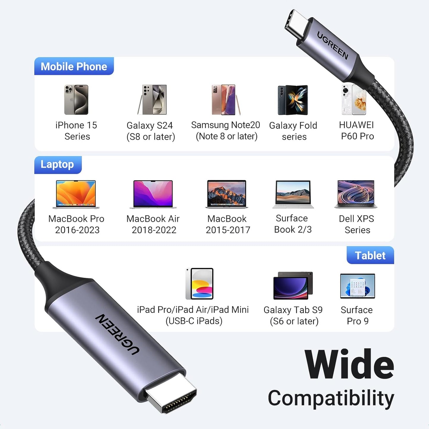 UGREEN USB C to HDMI Cable 1M 4K 60Hz, Type C to HDMI Adapter Thunderbolt 4/3 to HDMI