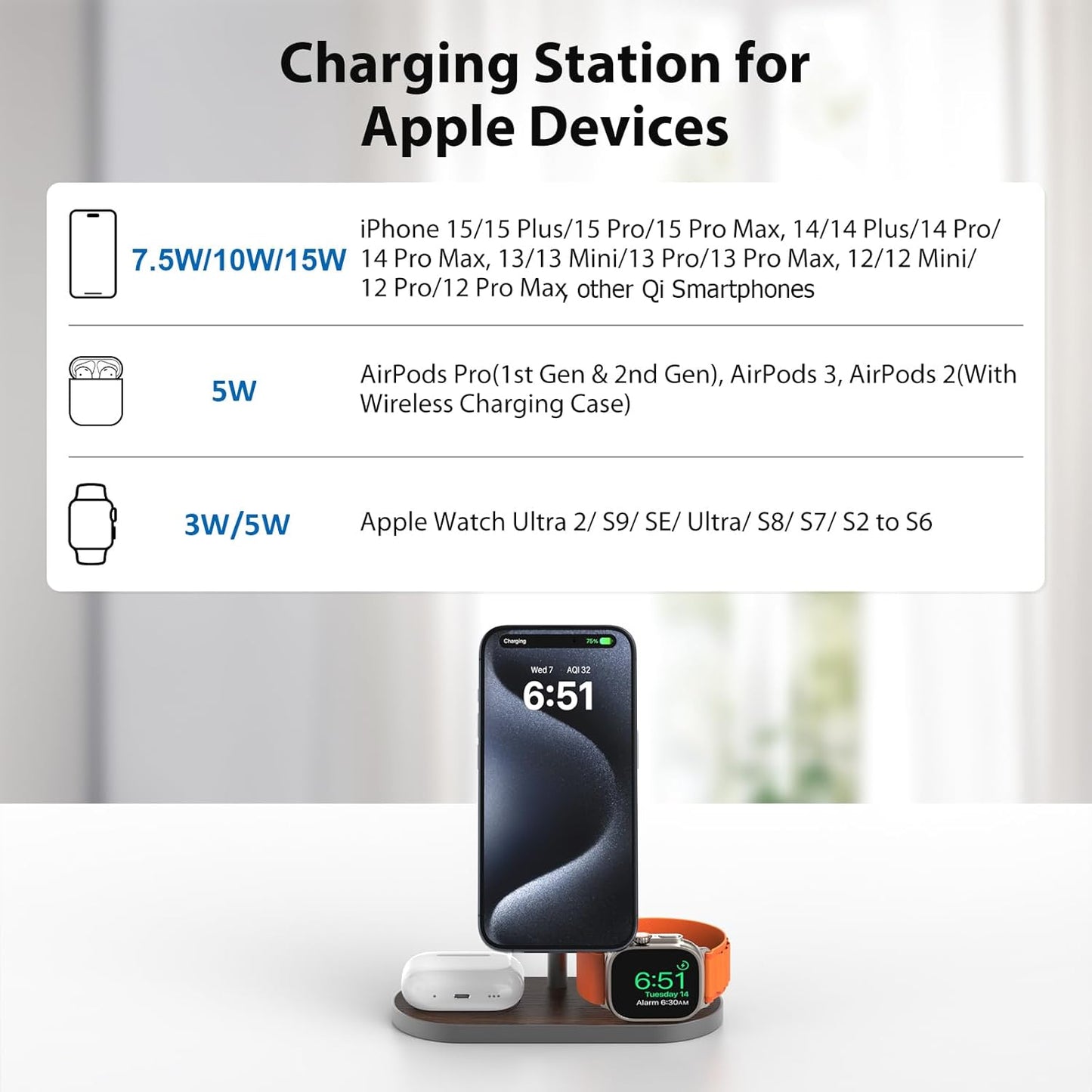 KU XIU X23 PRO 3 in 1 Magnetic Wireless Charger Stand for iPhone, AirPods, Apple Watch, Wireless Charging Station for iPhone 16/15/14/13/12, Apple Watch 9/Ultra/8/7/SE, AirPods 4/3/2/Pro - Wood Grain