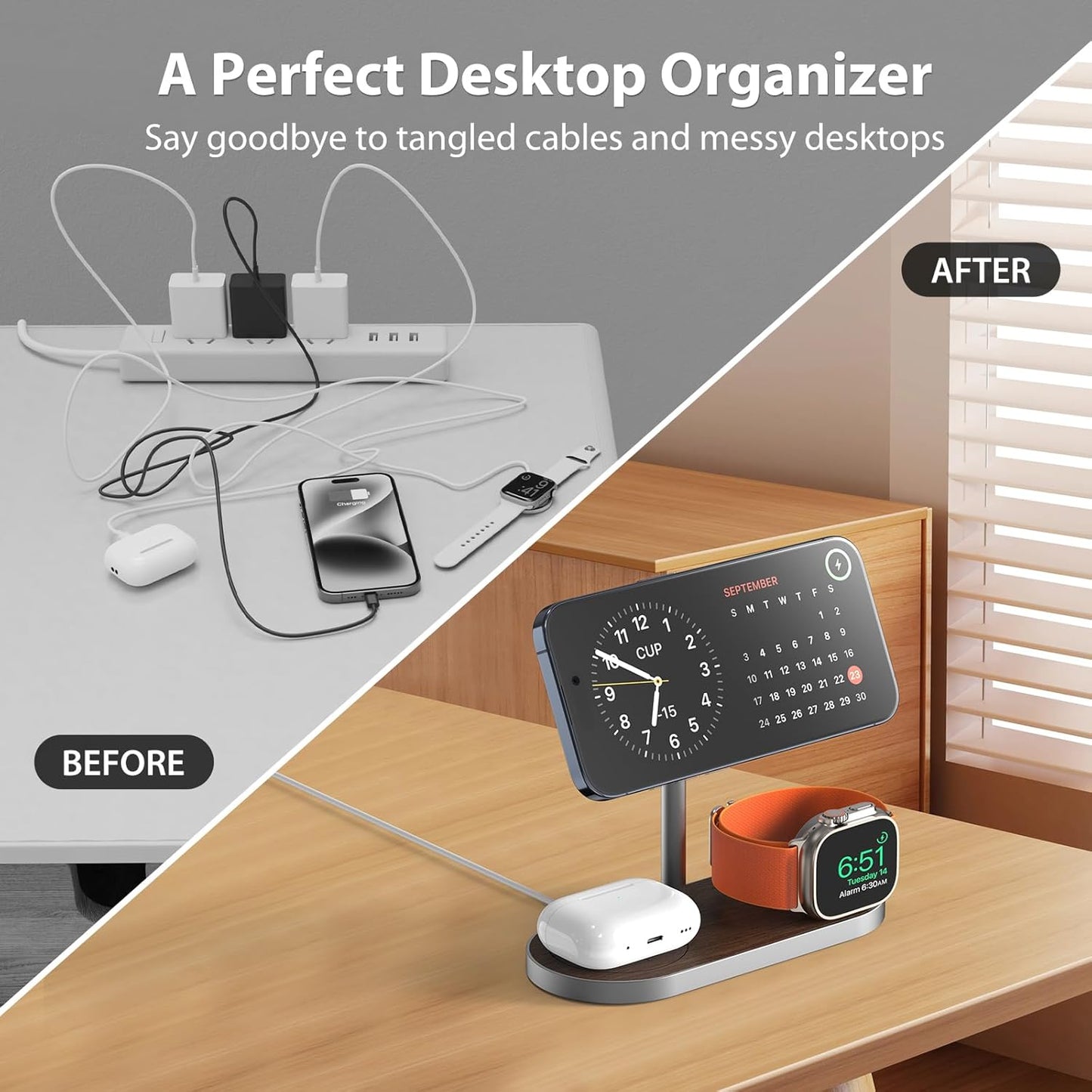 KU XIU X23 PRO 3 in 1 Magnetic Wireless Charger Stand for iPhone, AirPods, Apple Watch, Wireless Charging Station for iPhone 16/15/14/13/12, Apple Watch 9/Ultra/8/7/SE, AirPods 4/3/2/Pro - Wood Grain