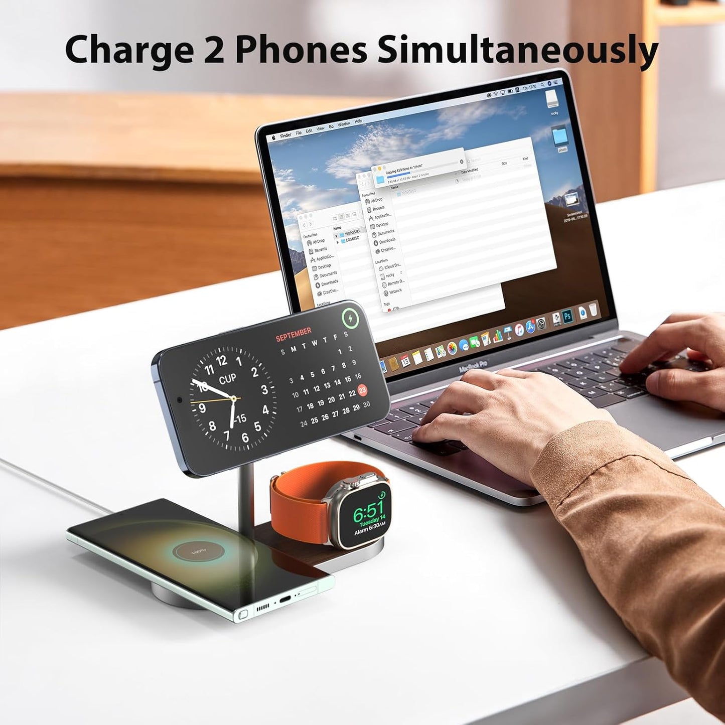 KU XIU X23 PRO 3 in 1 Magnetic Wireless Charger Stand for iPhone, AirPods, Apple Watch, Wireless Charging Station for iPhone 16/15/14/13/12, Apple Watch 9/Ultra/8/7/SE, AirPods 4/3/2/Pro - Wood Grain