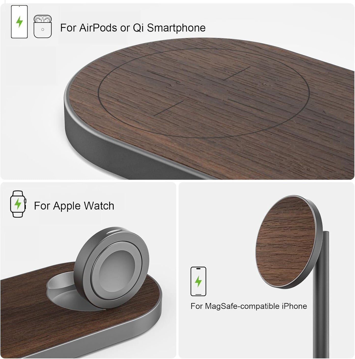 KU XIU X23 PRO 3 in 1 Magnetic Wireless Charger Stand for iPhone, AirPods, Apple Watch, Wireless Charging Station for iPhone 16/15/14/13/12, Apple Watch 9/Ultra/8/7/SE, AirPods 4/3/2/Pro - Wood Grain