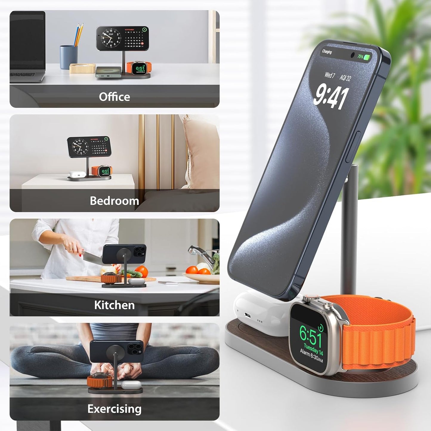 KU XIU X23 PRO 3 in 1 Magnetic Wireless Charger Stand for iPhone, AirPods, Apple Watch, Wireless Charging Station for iPhone 16/15/14/13/12, Apple Watch 9/Ultra/8/7/SE, AirPods 4/3/2/Pro - Wood Grain