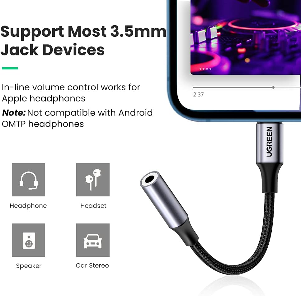 Lightning to 3.5mm Adapter Apple MFi Certified Headphone Adapter for iPhone