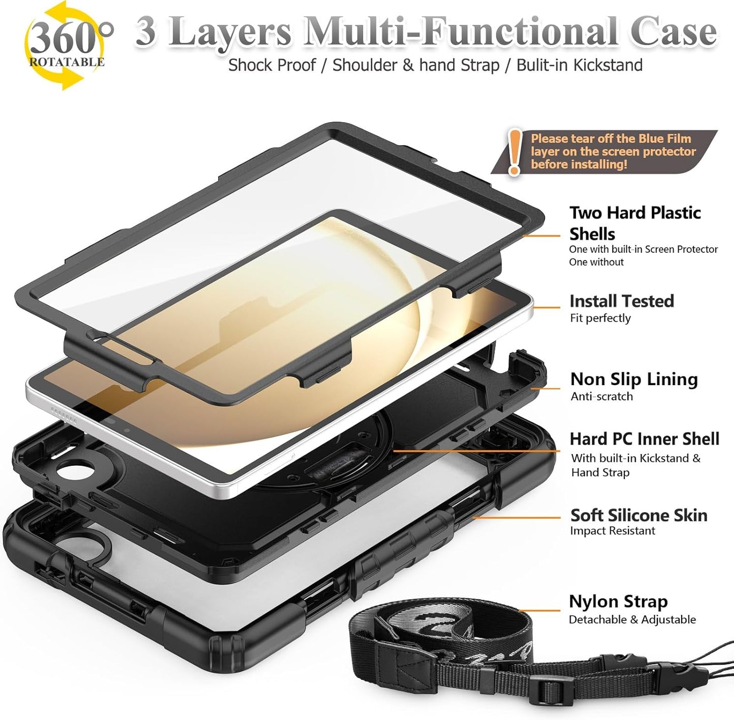 SEYMAC stock 360° Hand Strap/Stand Protective Case for Samsung Galaxy Tab A9 Plus