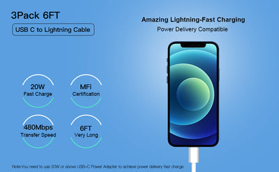 USB C to Lightning Cable 3Pack 1,8meters [Apple MFi Certified] iPhone Fast Charger Cable USB-C Power Delivery Charging Cord