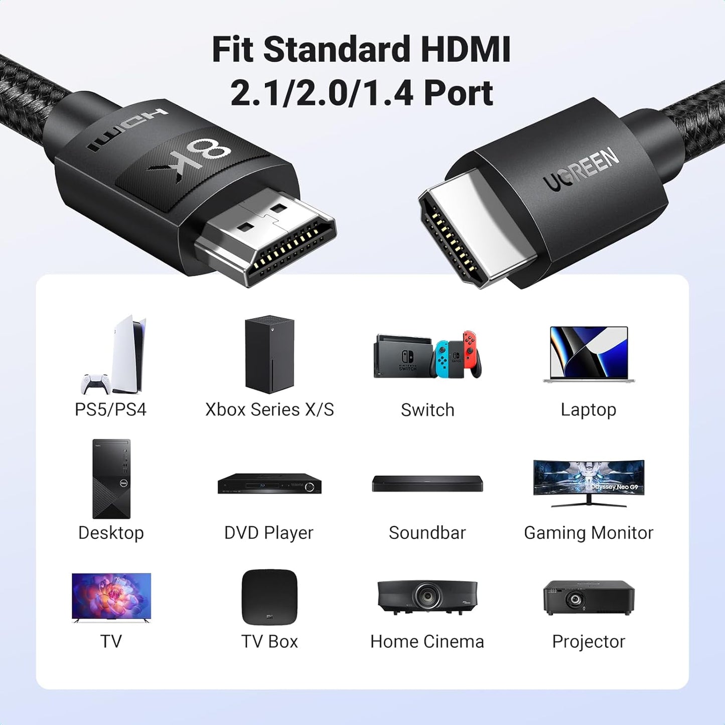 UGREEN HDMI 2.1 Cable 5M 10K 8K@60Hz Certified Ultra High Speed HDMI Cord Braided 48Gbps 4K@240Hz Support Dynamic HDR eARC Dolby Atmos HDCP Compatible with PS5 PS4 Xbox Roku TV HDTV Blu-ray Projector